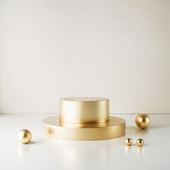Gold cylindrical podium on round plarform with scattered decorative golden spheres on a light floor against plain wall