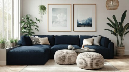 Cozy Scandinavian living room design, with a dark blue corner sofa and two knitted poufs, surrounded by natural light and a calm, modern decor scheme.