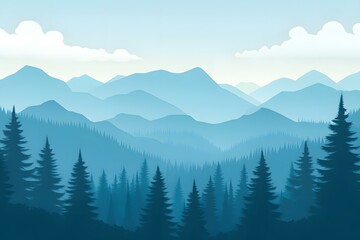 Obraz premium Blue Mountain Landscape with Silhouettes of Pine Trees