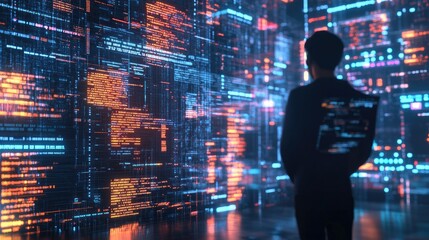 Dynamic 3D render of a coding environment, showing a developer surrounded by floating code and advanced software development tools.