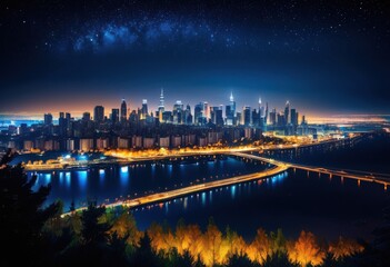 Fototapeta premium stunning vibrant nighttime scene featuring bold silhouettes luminous background, view, colors, cityscape, skyline, urban, horizon, contrast, shadows