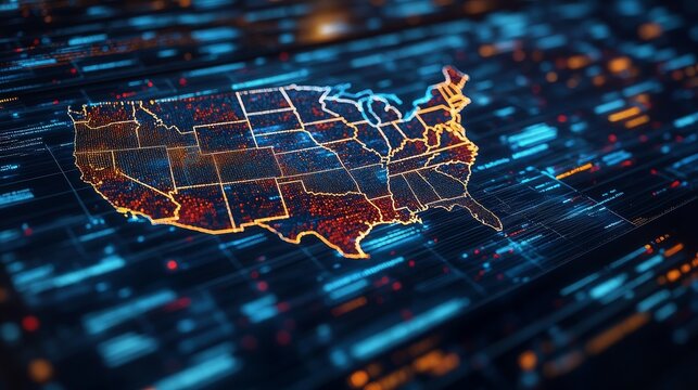 A monitor displaying a digital representation of the American flag with a map of the USA