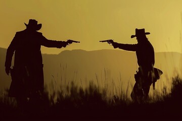 ai generative silhouette of cowboy duel at sunset