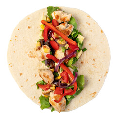 burrito with vegetables and tortilla on transparent background. png file