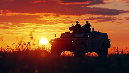 Silhouette of military patrol vehicle and soldiers against a sunset sky for army war concept art