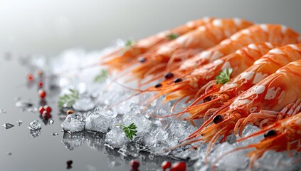 A close-up of fresh, cooked shrimp on ice with parsley and spices.