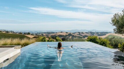 A woman in a vibrant swimsuit posing by the pool, with palm trees in the background