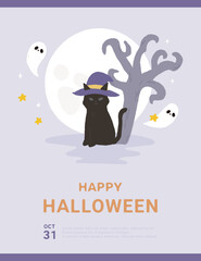 Halloween hand drawn  illustration poster with black cat in front of full moon.