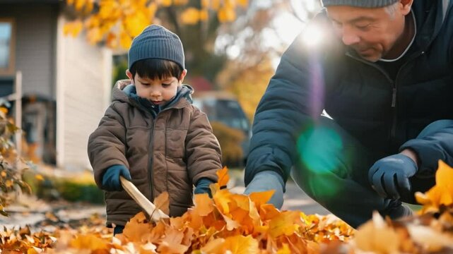 A father and son raking leaves in the backyard, working side by side to tidy up the yard, enjoying the outdoors while doing chores.