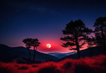 stunning red moonrise illuminating serene landscape under starry sky silhouetted trees gentle hills, stars, nature, night, illumination, scenery, view