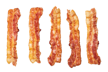 Closeup of slices of crispy hot fried bacon Isolated on transparent background. png file