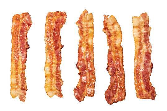 Closeup of slices of crispy hot fried bacon Isolated on transparent background. png file