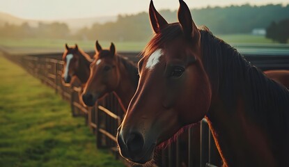 Obraz premium Horses in the stables at dawn, ready for race day on the horse racing track. Close-up of horses' heads and necks