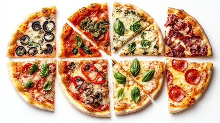 A vibrant assortment of pizza slices showcasing various toppings, ideal for food lovers and culinary enthusiasts.
