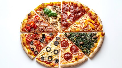 A vibrant pizza with various toppings, beautifully arranged into slices, showcasing a medley of colors and flavors.