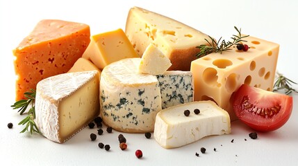 An assortment of delicious cheeses on a white background, perfect for culinary presentations and gourmet dishes.