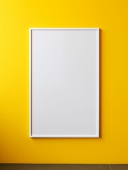 Empty vertical white photo frame isolated on a yellow wall. Generative ai