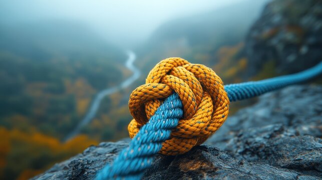 Rope with Intricate Knot Tied to Mountain Cliff Edge Overlooking Valley, Web Banner with Copy Space, Blurred Background in Blue and Yellow Color Palette