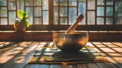 A picture of a bowl or singing bowl with a mallet resting on top