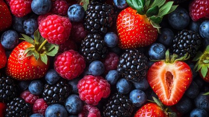 Fototapeta premium Colorful Background of Fresh Berries: Strawberries, Blueberries, Raspberries, and Blackberries