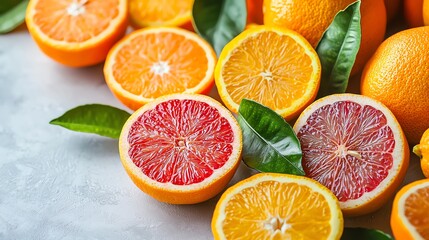 Fresh citrus fruits including orange and grapefruit, arranged with vibrant leaves, perfect for healthy lifestyle and nutrition themes.