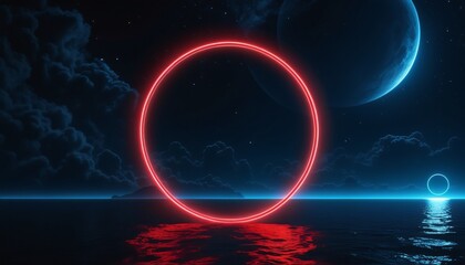 A glowing neon red light circle frame floating in the dark blue night sky, creating a futuristic and mystical atmosphere.