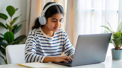 Indian girl studying at home with headphones on, working on her homework on a laptop.
