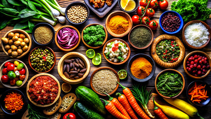 Fototapeta premium Colorful raw fruits and vegetables varied vegan food, vivid rainbow arrangement