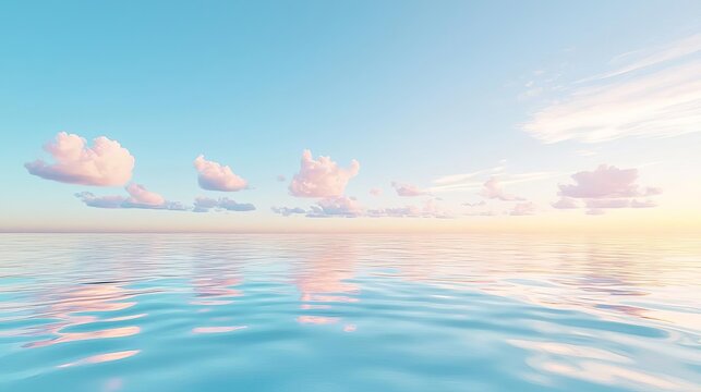 Sunset beach with the sky reflecting in the ocean, a beautiful fusion of warm colors blending into cool blues, tranquil seascape