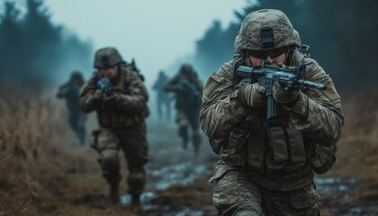 Obraz premium Soldiers in action engaging in a combat mission performance during military operations