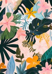 Tropical Floral Pattern with Colorful Flowers and Leaves