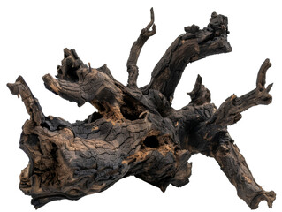 Fototapeta premium A gnarled piece of driftwood with intricate textures, suitable for decor or landscaping.