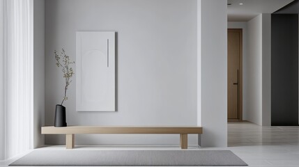 Minimalist porch, aisle, shoe stool, wood grain furniture, stairs, entry, entrance, modern, space, gray and white tones, create, elegant atmosphere, warm, quiet sense, simple walls, minimalism, aesthe