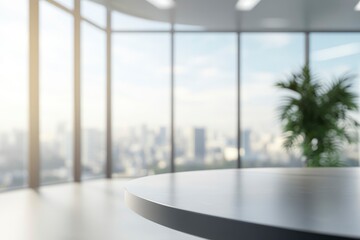 Fototapeta premium A beautiful blurred background of a conference room with a round table and large panoramic windows. Interior of a modern office out of focus with generative ai