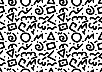 Abstract black and white line doodle art seamless pattern on a black background. For cards, frames, posters, book covers, textiles, wallpaper, wrapping and fabric.