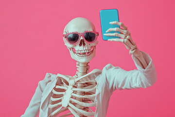 A woman skeleton takes a selfie on a pink background and smiles. Generated by artificial intelligence