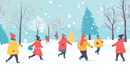 Fototapeta premium People enjoying a snowy winter day in a park, wearing colorful coats and hats while playing and walking among trees and snowflakes