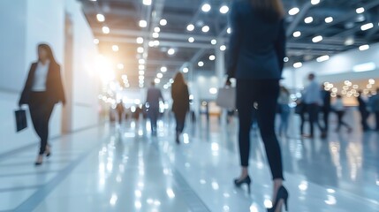 blurred business people walking at a trade fair, conference or walking in a modern hall 