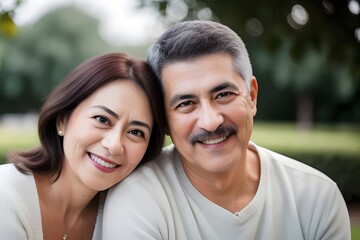 Obraz premium a portrait of a happy attractive middle aged Asian couple in love, smiling, romantic, relationship, joyful, connected, serene, affectionate, intimate, cozy, warm, gentle, content, caring, close