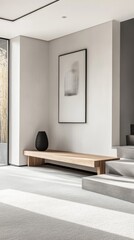 Minimalist porch, aisle, shoe stool, wood grain furniture, stairs, entry, entrance, modern, space, gray and white tones, create, elegant atmosphere, warm, quiet sense, simple walls, minimalism, aesthe