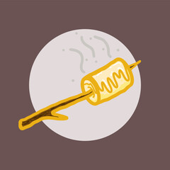 Marshmellow design skewered on a twig to be burned, drawn in a simple style