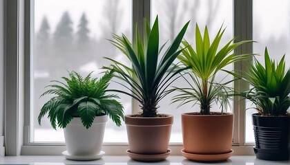 Obraz premium Elegant Interior with Potted Palm Trees and Snowy Winter Wonderland Outside. Generated With AI