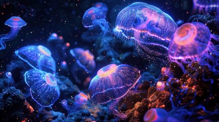 Obraz premium Glowing Jellyfish in the Deep Sea