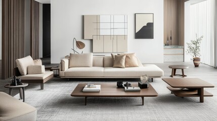 Minimalist living room, modern, space, gray and white tones, create, elegant atmosphere, warm, quiet sense, simple walls, minimalist, aesthetic, simple, comfortable, elegant, lifestyle, modern design,