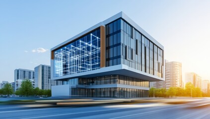 Fototapeta premium A modern office building in the city, featuring glass facades and double-height ceilings