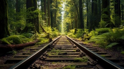 Obraz premium Railroad Tracks Through Lush Forest
