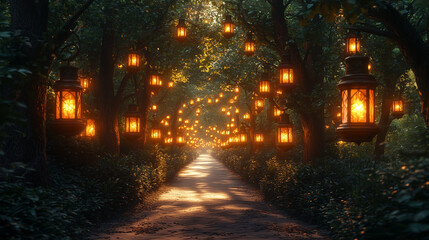 Detailed hyperrealistic image of fairy lanterns illuminating an enchanted forest.