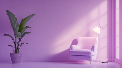 A creative interior design in a purple-pink studio featuring a lamp, plant pot, and armchair. The...