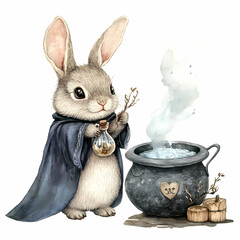 Enchanting rabbit brews potions in magical alchemy setup.