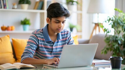 Indian High School Student Studying - Indian high school student using a laptop to study in a well-lit room at home.
